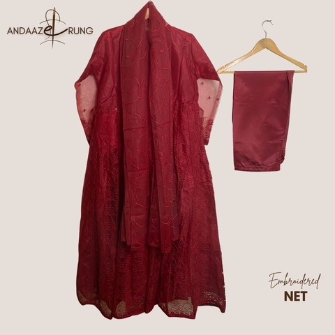 Crimson Red Embroidered Net Maxi – 3 Piece Stitched Suit