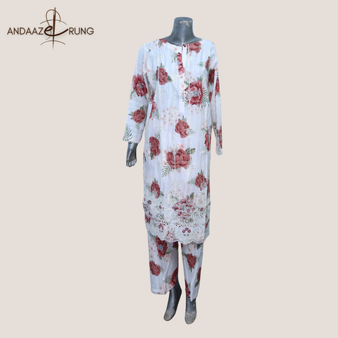 White Floral Digital Lawn Suit – 3 Piece Stitched Set with Sequence Embroidery & Tarkashi Dupatta