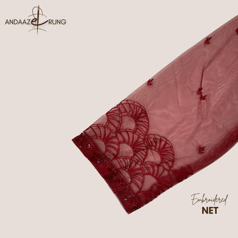 Crimson Red Embroidered Net Maxi – 3 Piece Stitched Suit