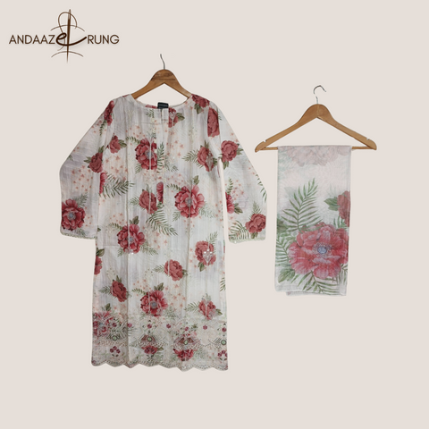 White Floral Digital Lawn Suit – 3 Piece Stitched Set with Sequence Embroidery & Tarkashi Dupatta