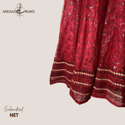 Crimson Red Embroidered Net Maxi – 3 Piece Stitched Suit