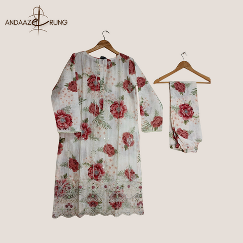 White Floral Digital Lawn Suit – 3 Piece Stitched Set with Sequence Embroidery & Tarkashi Dupatta