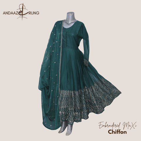 Green Embroidered Chiffon Maxi – 3 Piece Stitched Suit