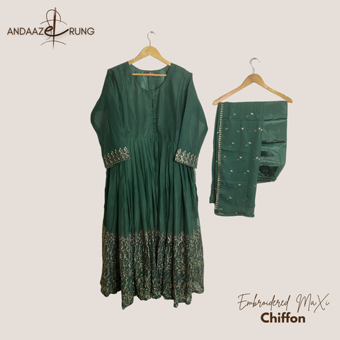 Green Embroidered Chiffon Maxi – 3 Piece Stitched Suit