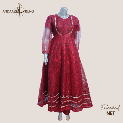 Crimson Red Embroidered Net Maxi – 3 Piece Stitched Suit