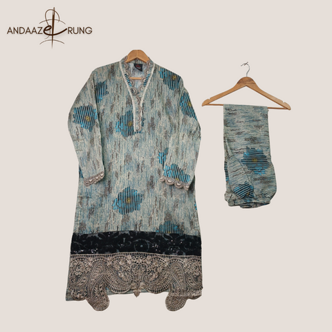Teal & Beige Printed Lawn Suit – 3 Piece Stitched Set with Sequence Embroidery & Patch Detailing
