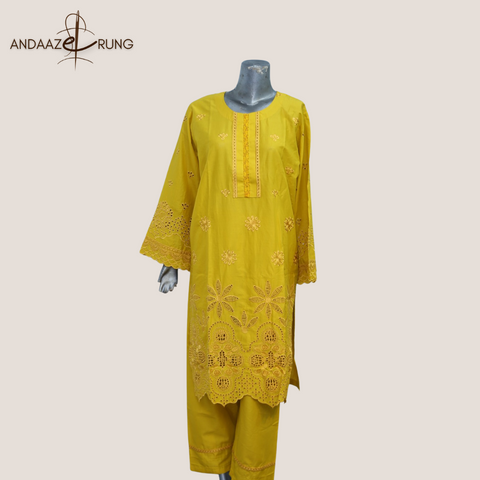 Mustard Chicken kari Embroidered Lawn Suit – 3 Piece | Soft Fabric & Digital Dupatta