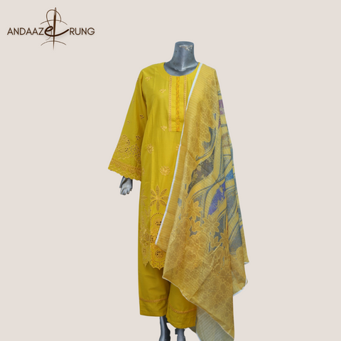 Mustard Chicken kari Embroidered Lawn Suit – 3 Piece | Soft Fabric & Digital Dupatta