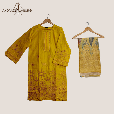 Mustard Chicken kari Embroidered Lawn Suit – 3 Piece | Soft Fabric & Digital Dupatta
