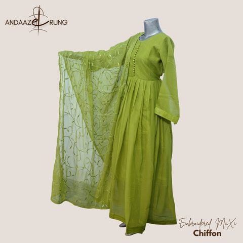 Lime Green Chiffon Maxi – 3 Piece Stitched Suit with Embroidered Dupatta