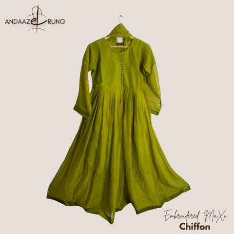 Lime Green Chiffon Maxi – 3 Piece Stitched Suit with Embroidered Dupatta