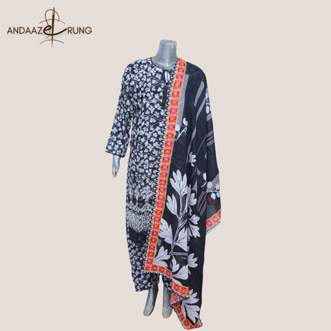 Black Digital Lawn Suit – 3 Piece Stitched Set with Sequence Embroidery & Printed Dupatta