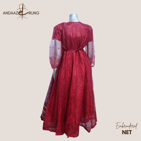 Crimson Red Embroidered Net Maxi – 3 Piece Stitched Suit