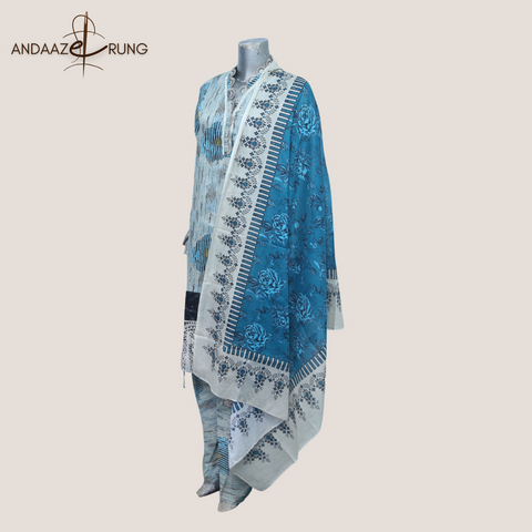Teal & Beige Printed Lawn Suit – 3 Piece Stitched Set with Sequence Embroidery & Patch Detailing