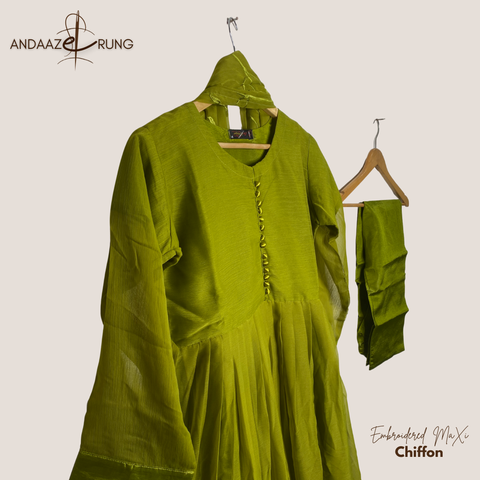 Lime Green Chiffon Maxi – 3 Piece Stitched Suit with Embroidered Dupatta