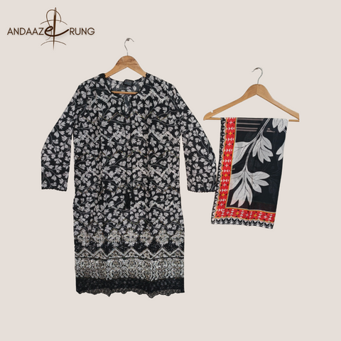 Black Digital Lawn Suit – 3 Piece Stitched Set with Sequence Embroidery & Printed Dupatta