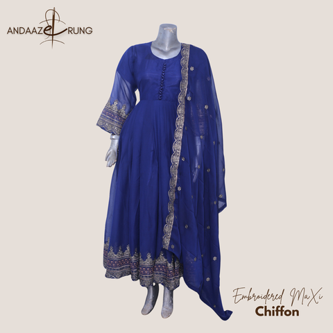 Deep Blue Embroidered Chiffon Maxi – 3 Piece Stitched Suit