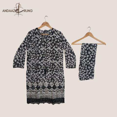 Black Digital Lawn Suit – 3 Piece Stitched Set with Sequence Embroidery & Printed Dupatta