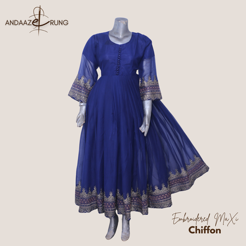 Deep Blue Embroidered Chiffon Maxi – 3 Piece Stitched Suit