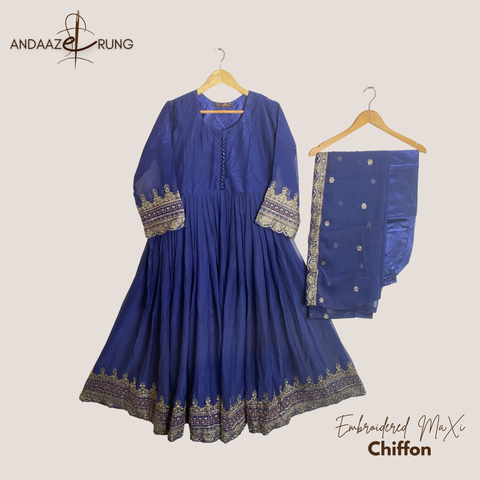 Deep Blue Embroidered Chiffon Maxi – 3 Piece Stitched Suit