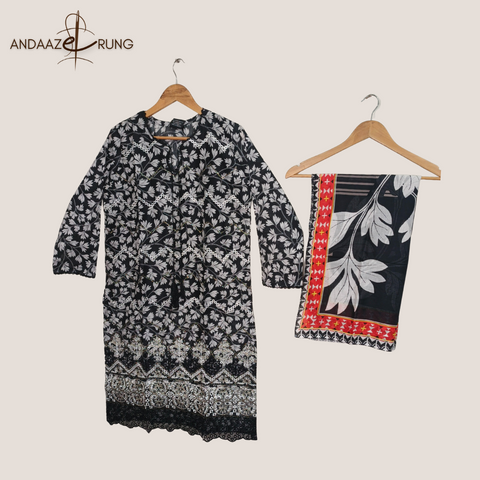 Black Digital Lawn Suit – 3 Piece Stitched Set with Sequence Embroidery & Printed Dupatta