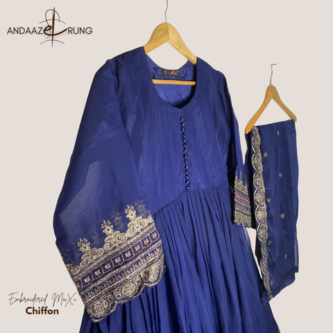 Deep Blue Embroidered Chiffon Maxi – 3 Piece Stitched Suit