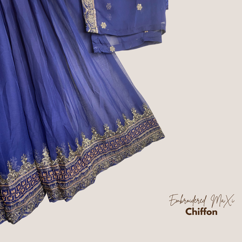 Deep Blue Embroidered Chiffon Maxi – 3 Piece Stitched Suit