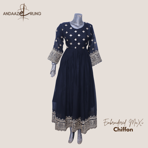 Black Embroidered Chiffon Maxi – 3 Piece Stitched Suit with Golden Tila Work