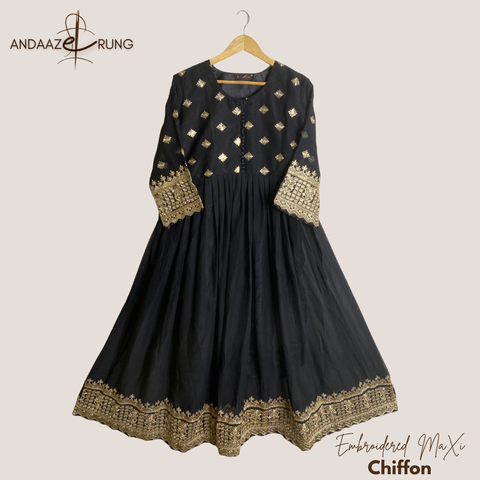 Black Embroidered Chiffon Maxi – 3 Piece Stitched Suit with Golden Tila Work