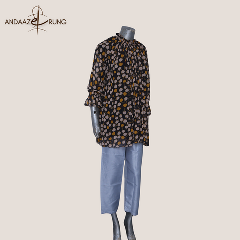 Black Base with Mustard & Beige Accents Shirt-Cherry Printed Shirt in Premium Georgette