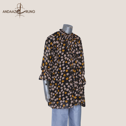 Black Base with Mustard & Beige Accents Shirt-Cherry Printed Shirt in Premium Georgette