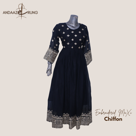 Black Embroidered Chiffon Maxi – 3 Piece Stitched Suit with Golden Tila Work