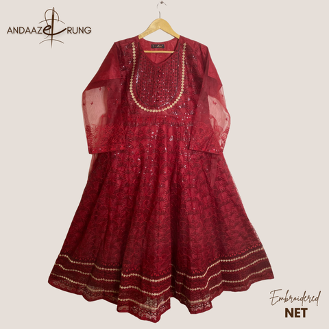 Crimson Red Embroidered Net Maxi – 3 Piece Stitched Suit