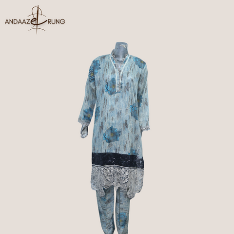 Teal & Beige Printed Lawn Suit – 3 Piece Stitched Set with Sequence Embroidery & Patch Detailing