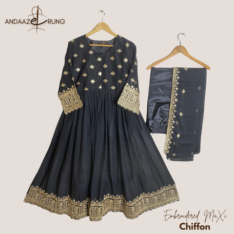 Black Embroidered Chiffon Maxi – 3 Piece Stitched Suit with Golden Tila Work