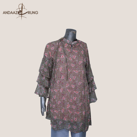 Olive Green Floral Georgette Shirt – Stitched Top with Ruffle Sleeves & Waist Belt