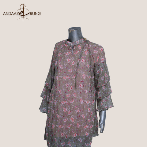 Olive Green Floral Georgette Shirt – Stitched Top with Ruffle Sleeves & Waist Belt