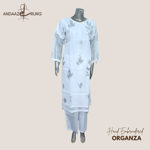 White Hand Embroidered Organza Suit – 3 Piece Stitched Formal Dress