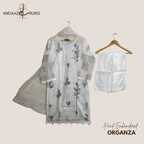 White Hand Embroidered Organza Suit – 3 Piece Stitched Formal Dress