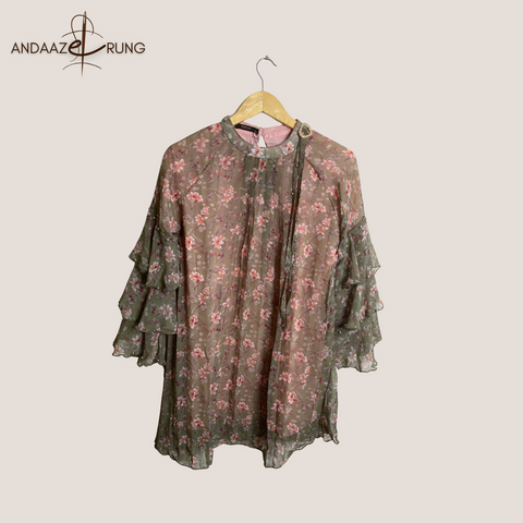 Olive Green Floral Georgette Shirt – Stitched Top with Ruffle Sleeves & Waist Belt