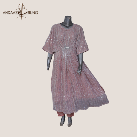 Rose Gold Shimmer Kaftan – 2 Piece Stitched Formal Set with Silk Trouser