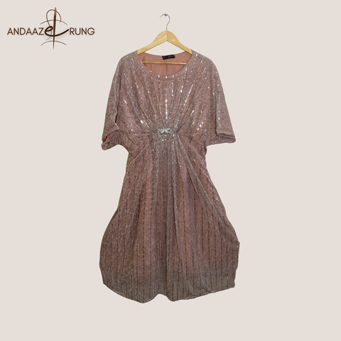 Rose Gold Shimmer Kaftan – 2 Piece Stitched Formal Set with Silk Trouser