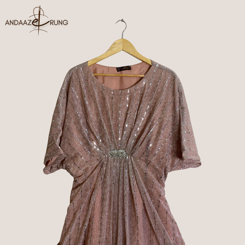 Rose Gold Shimmer Kaftan – 2 Piece Stitched Formal Set with Silk Trouser