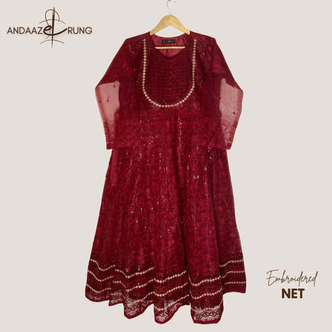 Crimson Red Embroidered Net Maxi – 3 Piece Stitched Suit