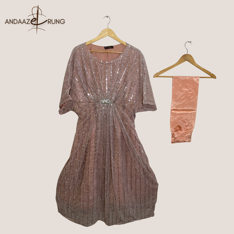 Rose Gold Shimmer Kaftan – 2 Piece Stitched Formal Set with Silk Trouser