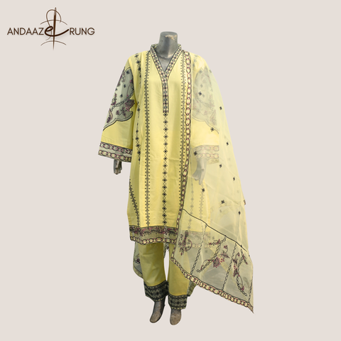 Lemon Yellow Embroidered Lawn Suit – 3 Piece Stitched Set with Organza Sleeves & Dupatta Patchwork