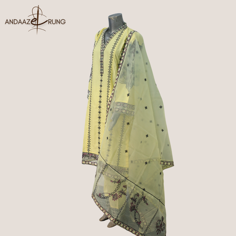 Lemon Yellow Embroidered Lawn Suit – 3 Piece Stitched Set with Organza Sleeves & Dupatta Patchwork
