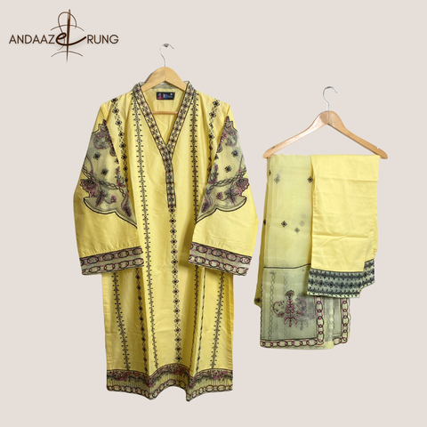Lemon Yellow Embroidered Lawn Suit – 3 Piece Stitched Set with Organza Sleeves & Dupatta Patchwork