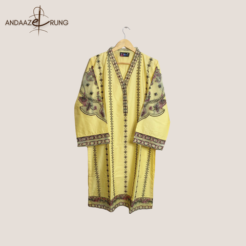 Lemon Yellow Embroidered Lawn Suit – 3 Piece Stitched Set with Organza Sleeves & Dupatta Patchwork