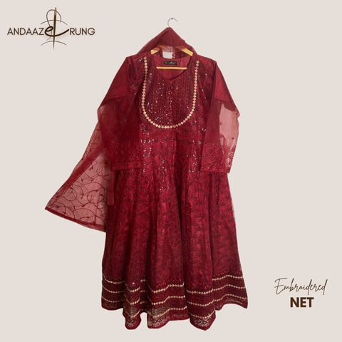Crimson Red Embroidered Net Maxi – 3 Piece Stitched Suit
